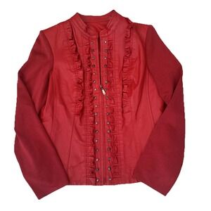 Peter Nygard Red‎ Knit Leather Jacket Sz S Studded Ruffled Rocker 80'S Y2K